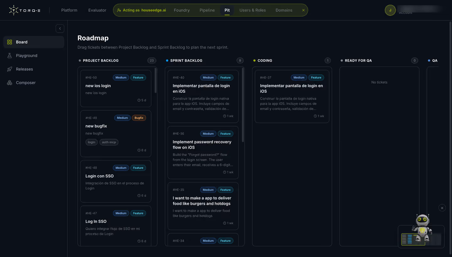 Torq-e Pit: a roadmap board with tickets moving from backlog through sprint, coding and QA.