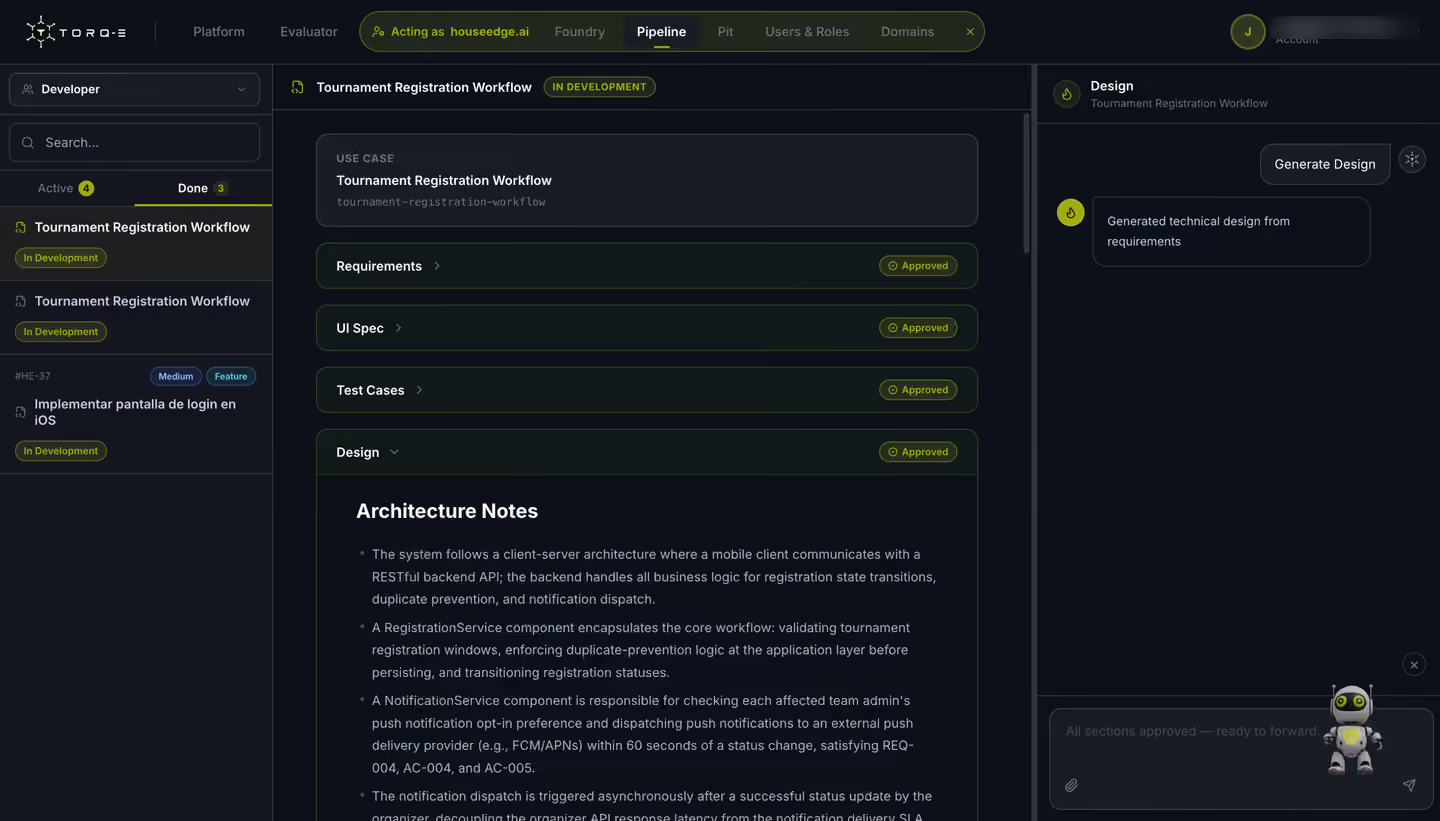 Torq-e Pipeline: requirements, UI spec, test cases and technical design, all approved.